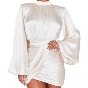 Dzt1176 Hot Bán 2024 New Dresses phụ nữ phụ nữ thanh lịch dài tay áo xếp li phù dâu Dresses phụ nữ trắng Evening Dress