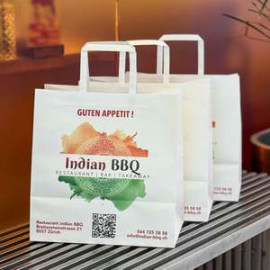 Sacs en papier personnalisés classiques, écologiques et recyclables pour le shopping, avec logo et couleur de poignée sur mesure, pour l'emballage de salades et d'aliments. - Product Image 2