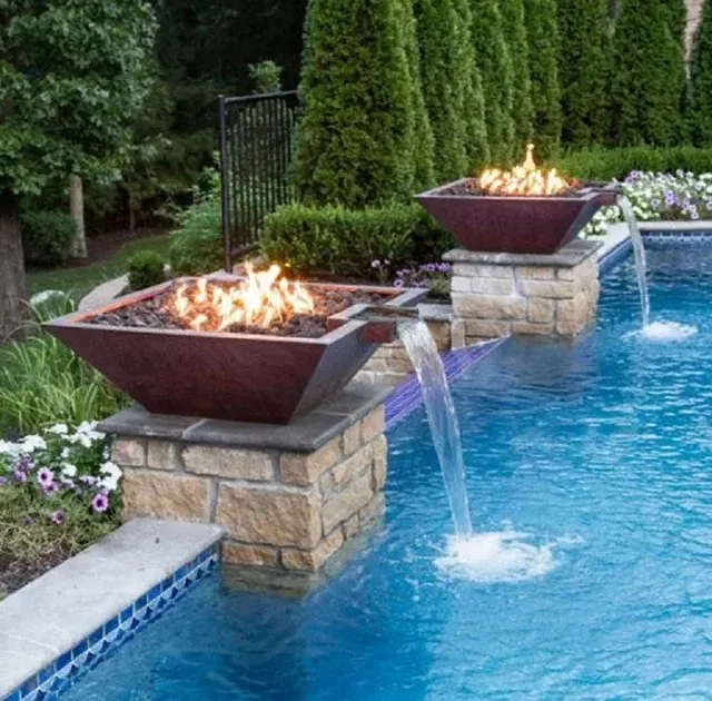 Decorative Corten Steel Water Fountain Gas Fire Pit Fire Water Bowls Heaters For Swimming Pool