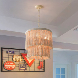 Lampe suspendue bohème à double rangée de pompons, faite à la main en <span class=keywords><strong>coton</strong></span>, style crème, pour chambre à coucher - Product Image 2