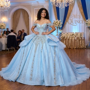 Rsm261094 Romantic Shoulder Crystal Bow Strap Sky Blue Chiffon <b>Ball</b> <b>Gown</b> Quinceanera Party Dress Built-in Bra Natural Sweet 16 - Product Image 1