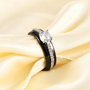 White And Black <b>Ceramic</b> <b>Ring</b> 6Mm Prong Setting Zircon Wedding Jewelry Unisex - Product Image 3