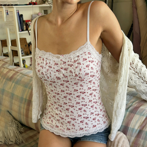 Romantic Floral Lace Button Vacation Style Knit Loungewear Women's <b>Spaghetti</b> <b>Strap</b> Cami Top - Product Image 3