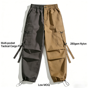Custom Logo Patchwork Two Tone Cargo Pants Men Streetwear Multi Pocket Tactical Joggers with Straps <b>Hip</b> Hop Wide Leg Trousers - Product Image 1