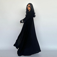 Nouvelle Collection 2024 Dubaï : Ensemble Abaya Grande Taille Couleur Unie avec Broderie à Pompons et Perles sur les Poignets – Robe Musulmane pour Femme
