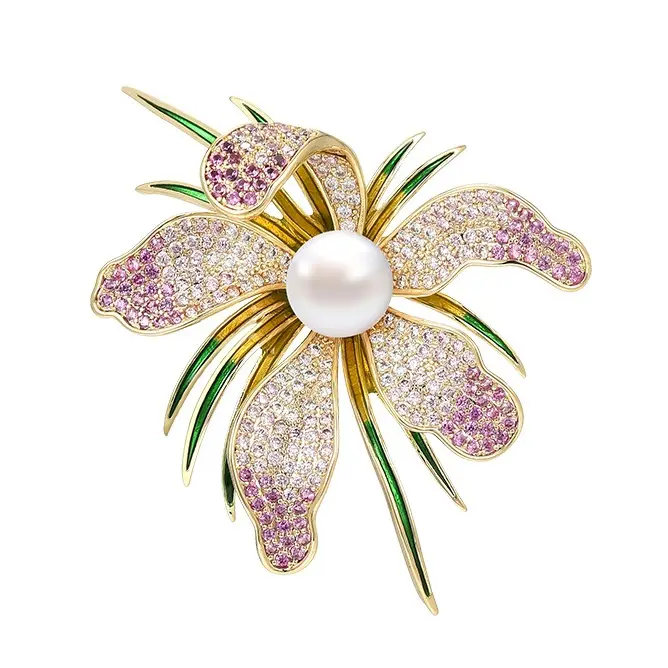 Luxe perle d'eau douce orchidée fleur bijoux broches broche CZ diamant fleur orchidée broche pour les femmes