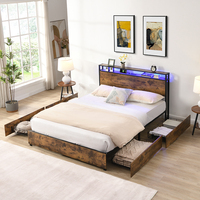 Lit Queen Size Rustique en Métal avec Station de Recharge, Tiroirs de Rangement, Sommier Solide et Stable, et Tête de Lit LED – ODM/OEM Disponibles