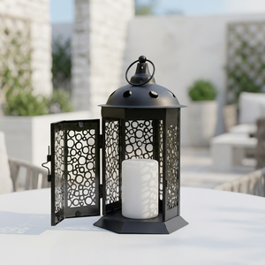Lanterne porte-bougie en métal marocain noir, vente chaude 2025, pour la décoration de la maison, de la table et du sol - Product Image 1