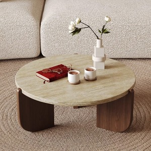 Mesa de té de café de piedra Cueva de madera maciza duradera minimalista diseño tradicional para espacios pequeños-para sala de estar balcón Circular - Product Image 3