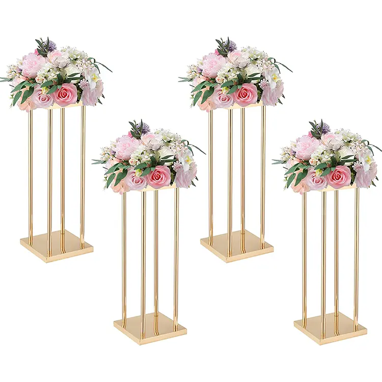 Gold Metal Tall Column Rectangular Flowers Vase Stands Wedding Candelabra Centerpieces For Wedding Party Decoration