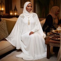 Abaya musulmane à manches larges et strass thermocollés, col en V, pour le festival de l'Aïd, grande taille, en tissu extensible quatre directions, style Dubaï