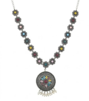 DIVYORO Ensemble collier et boucles d'oreilles longs, multicolores, à motif floral médaillon, oxydés, classiques, élégants, de créateur, pour mariage