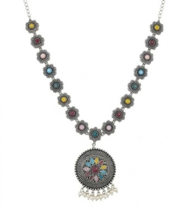 DIVYORO Multi Color Floral Medallion Oxidized Long Classic Wedding Elegant Designer <b>Statement</b> <b>Necklace</b> and Earrings Set - Product Image 3