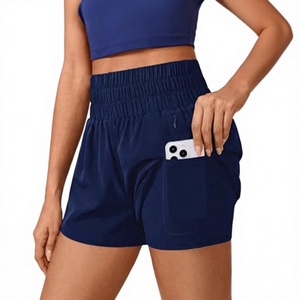Shorts Deportivos de Cintura Alta Elástica para Mujer, con Bolsillos, de Secado Rápido, Tejido de Poliéster/Algodón, Color Azul Marino Sólido, para Fitness y Entrenamiento - Product Image 1