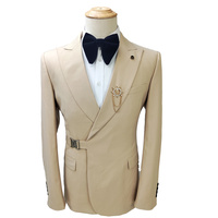 Setelan Jas Pria Bisnis Slim Fit Khaki (Jaket+Celana) Model Notch Dua Belahan Murah untuk Pesta Pernikahan MS3608