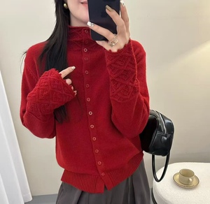 Nouveau cardigan en tricot uni pour femmes, pull décontracté pour femmes, <span class=keywords><strong>col</strong></span> montant, design découpé, cardigan à simple boutonnage en tricot - Product Image 2