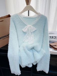 เสื้อสเวตเตอร์ลำลองผ้าขนแกะแขนยาวคอวีสำหรับผู้หญิงเสื้อสเวตเตอร์ลูกไม้ด้านหน้าโลโก้งานเย็บปะดีไซน์ทรงหลวม - Product Image 6