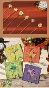 LABON Marque-page élégant en métal en forme de feuille, de luxe, ajouré, avec pendentif pompon, papeterie esthétique naturelle pour lecteurs - Product Image 6