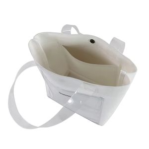 Sac fourre-tout portable d'été pour la plage et l'extérieur, imperméable, avec logo personnalisé, en toile cirée blanche, à double poignée, pour le shopping, en PVC épais enduit - Product Image 4