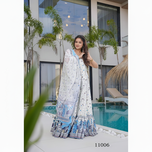 Impresionante y Hermoso Vestido Étnico Tradicional con Estampado Digital, Conjunto de Vestido Completamente Abullonado con Forro Interior de Faux Georgette para Boda - Product Image 1