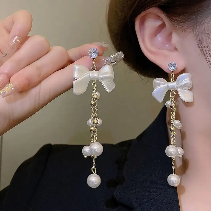 Anting-anting rumbai simpul kupu-kupu, anting-anting tetesan mutiara air putih berlapis emas logam paduan