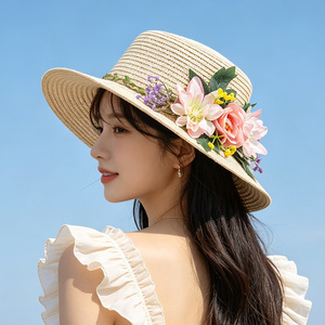 <span class=keywords><strong>Chapeau</strong></span> de paille bohème à grandes fleurs, style français à calotte plate, avec ruban floral rose, pour femme, idéal pour la plage, les vacances et les centres de villégiature de luxe, Sombrero - Product Image 4