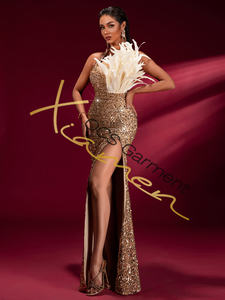 Robe de soirée élégante et tendance en satin brillant à col halter et longueur mi-longue avec plumes d'autruche pour femme - Product Image 5