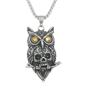 Collar de acero inoxidable con colgante de calavera de búho con ojos amarillos para hombres y mujeres, joyería de moda estilo punk 280750 - Product Image 5