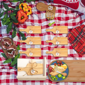 Lot de 6 <span class=keywords><strong>mini</strong></span>-planches à charcuterie en bois avec couteaux à tartiner pour servir la pizza, présentées dans des boîtes cadeaux élégantes – Planches de service en gros - Product Image 5