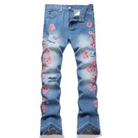 Pantalon large pour homme, nouvelle collection, en stock, style urbain, jean robuste brodé motif fleur de prunier, non élastique