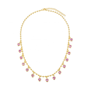 Collar Gemnel de Plata 925 y Oro de 14K con Colgante de Corazón con Múltiples Gemas de Zafiro Rosa y Diamantes con Cadena de Bolitas Divertida - Product Image 6