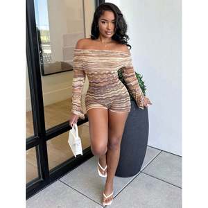 <b>Women's</b> Beige and Brown Striped Off-Shoulder Skinny Knit Party <b>Romper</b> - Product Image 1