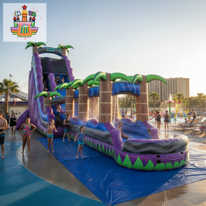 Tobogán Acuático Inflable Tropical Morado y Verde, Equipo de Juego Acuático Infantil Inspirado en la Jungla con Tobogán y Área de Chapoteo - Product Image 1