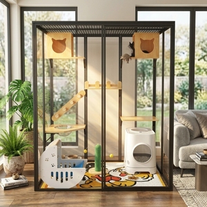 Condo pour animaux de compagnie de luxe moderne, personnalisable, avec structure en acier au carbone massif, panneaux en bois de caoutchouc, verre trempé, roulettes mobiles et grand espace pour chat - Product Image 3