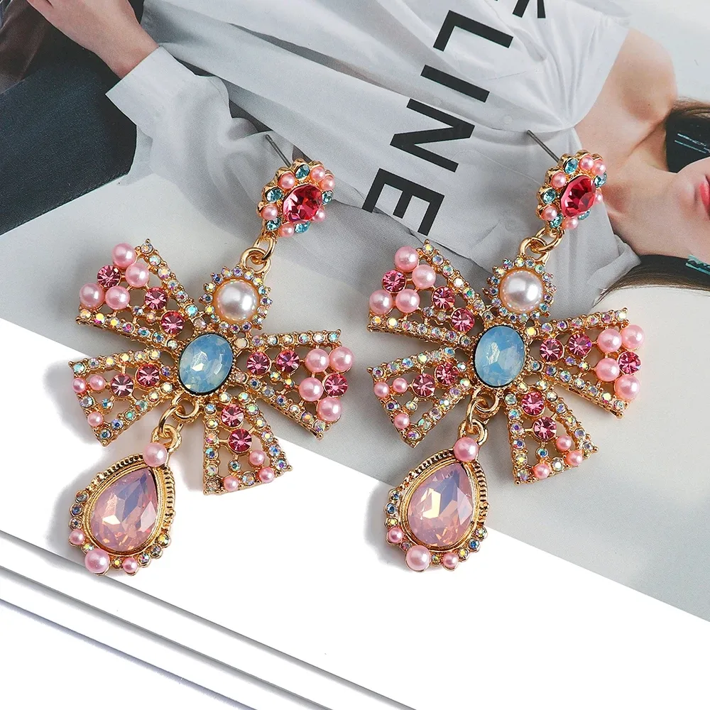 Tuyên Bố Phụ Kiện Nữ Bán Buôn Bowknot Luxury Crystal Big Rhinestone Bông Tai Dài Cho Phụ Nữ Trang Trí Thời Trang Trang Sức