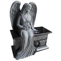 Statue d'ange ailé en granit noir d'Inde, pierre tombale commémorative avec banc