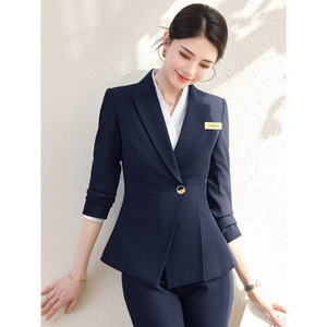 Women's Navy Blue Long Sleeve Blazer With Irregular Collar Anti-Wrinkle Worsted Fabric Commute Style - Product Image 4