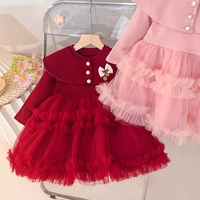 Robe de princesse pour bébé fille à manches longues, jupe moelleuse, douce, violette, à pois, en maille, robe rouge pour bébé fille