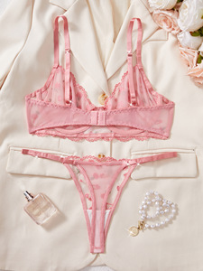 Rose & Heart Embroidery Lace Lingerie Set Sexy Sheer Mesh Underwire <b>Bra</b> and Thong Panties Set French Style Underwear Set OEM ODM - Product Image 3