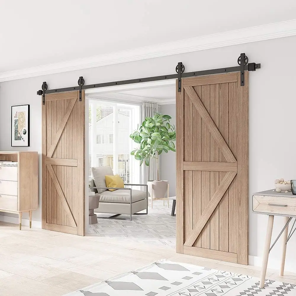 Porte de grange coulissante avec kit de quincaillerie Style américain suspendu porte de grange coulissante moderne pour la conception de porte en bois