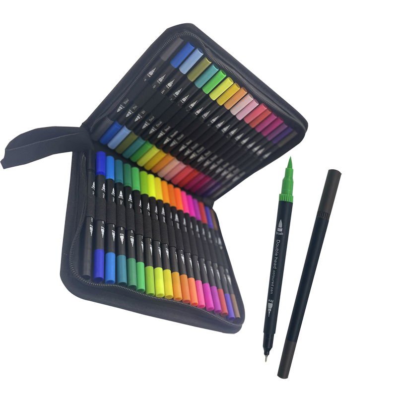 36 colors laser fiber dual tip art calligraphy watercolor fineliner brush marker pen set with fabric pen case