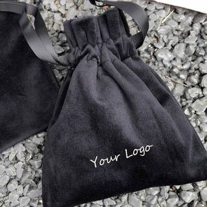 High Quality Soft Velvet Gift Packaging <b>Pouch</b> Customized Velvet <b>Drawstring</b> Bag with Black Ribbons - Product Image 2
