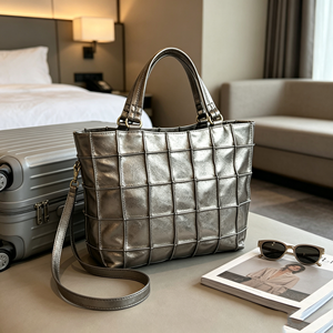 Women Metallic <b>Silver</b> Square Grid Tote Handbag Removable Crossbody Strap For Office - Product Image 6