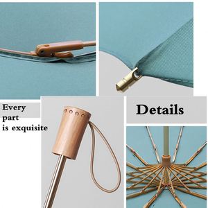 Parapluie de luxe robuste à 16 baleines avec poignée en bois vintage, résistant au vent, pliable en 3 sections, pour hommes et femmes - Product Image 3