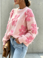 Tendance du moment : Pull décontracté à col rond et manches longues pour femme, coupe ample et oversize, motif floral 3D avec nœud décoratif, idéal pour le quotidien