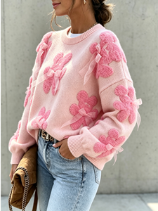 Tendance du moment : Pull décontracté à col rond et manches longues pour femme, coupe ample et oversize, motif floral 3D avec nœud décoratif, idéal pour le quotidien - Product Image 2