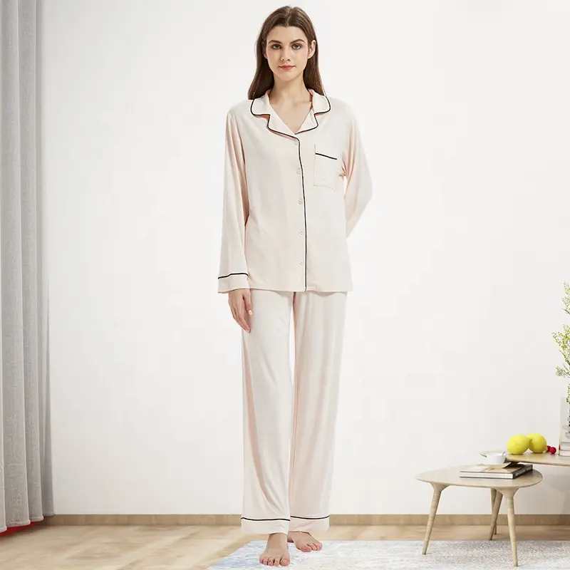 High Quality Women'S Sleepwear Classic Piping Modal Bamboo Pajama Set Luxury Pajamas for Women Set