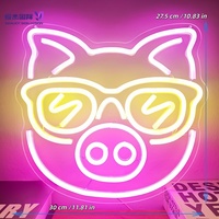 Enseigne néon LED 3D Piggy Sunglasses avec verres jaunes en forme d'éclair et bandes lumineuses roses, alimentée par USB, montable au mur