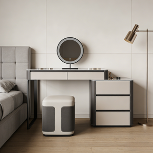 Cómoda italiana minimalista con superficie de piedra, tocador integrado de cuero y madera maciza - Product Image 1