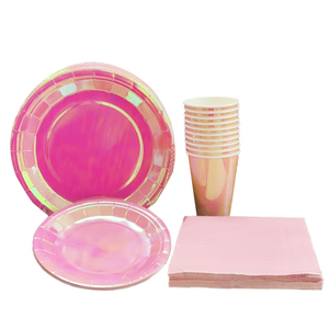 Assiettes en papier d'<span class=keywords><strong>anniversaire</strong></span> en gros, fournitures <span class=keywords><strong>de</strong></span> fête, serviettes en papier doux, ensembles <span class=keywords><strong>de</strong></span> vaisselle jetables en feuille holographique rose - Product Image 1
